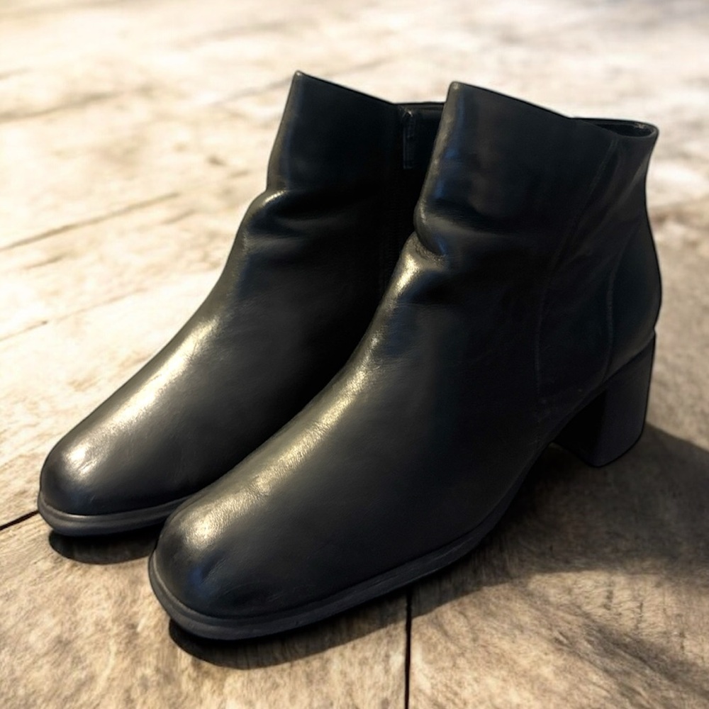 Sleek Black Leather Block Heel Ankle Booties